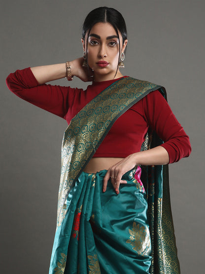 Women's Silk Blend Teal green Woven Design Designer Saree With Blouse Piece