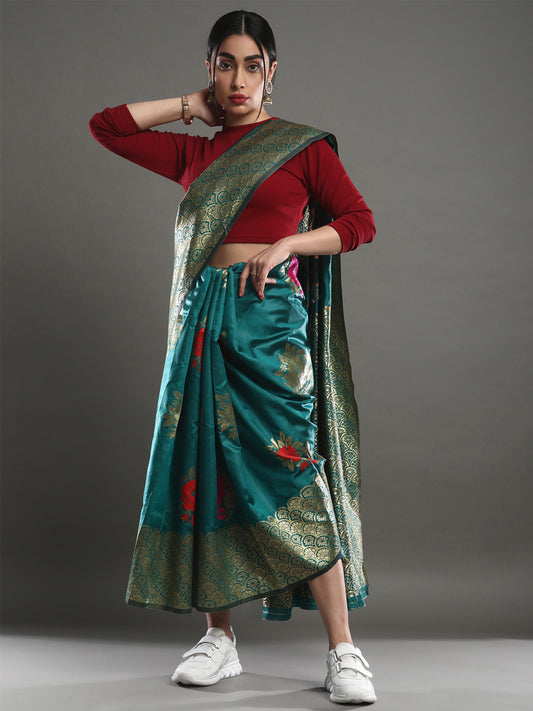 Women's Silk Blend Teal green Woven Design Designer Saree With Blouse Piece