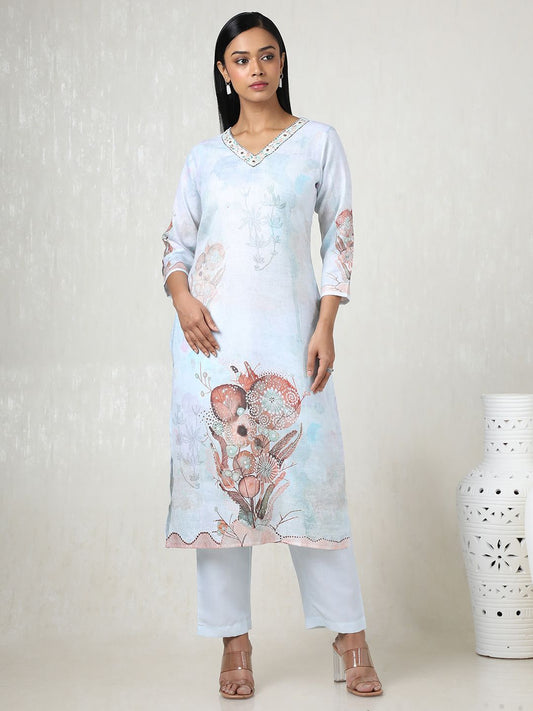 Dhiyona SO Women's Women Floral Printed Regular Mirror Work Linen Kurta with Trousers