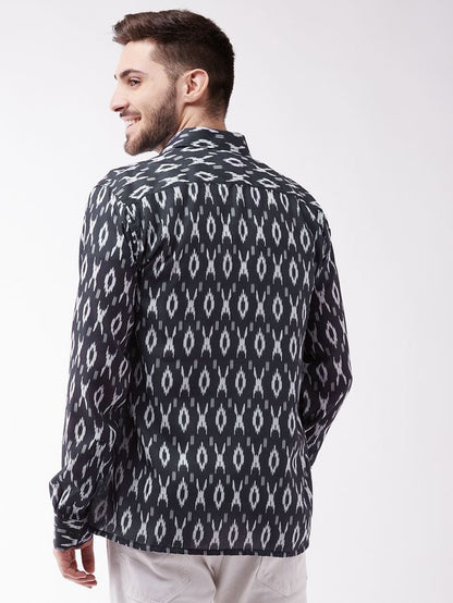 Men's Black Cotton Blend Straight Ethnic Shirt