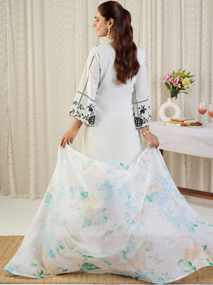 Floral Embroidered Thread Work Pure Cotton Kurta With Palazzos & Dupatta