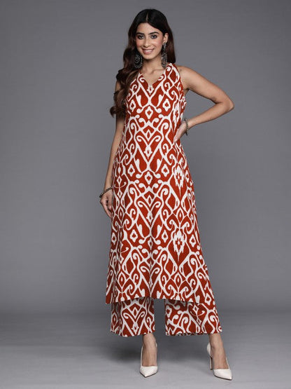 Dhiyona VR Women's Red Ikat Printed Straight Kurta With Palazzo