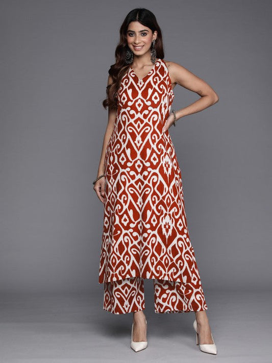 Dhiyona VR Women's Red Ikat Printed Straight Kurta With Palazzo