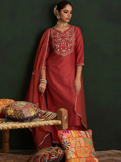 Dhiyona IE Ethnic Motifs Embroidered Thread Work Straight Kurta With Trousers & Dupatta