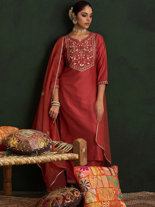 Dhiyona IE Ethnic Motifs Embroidered Thread Work Straight Kurta With Trousers & Dupatta