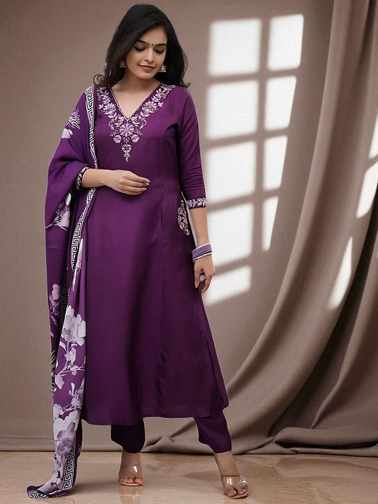 Dhiyona SN Women's Floral Embroidered Pure Cotton A-Line Kurta with Churidar & Dupatta