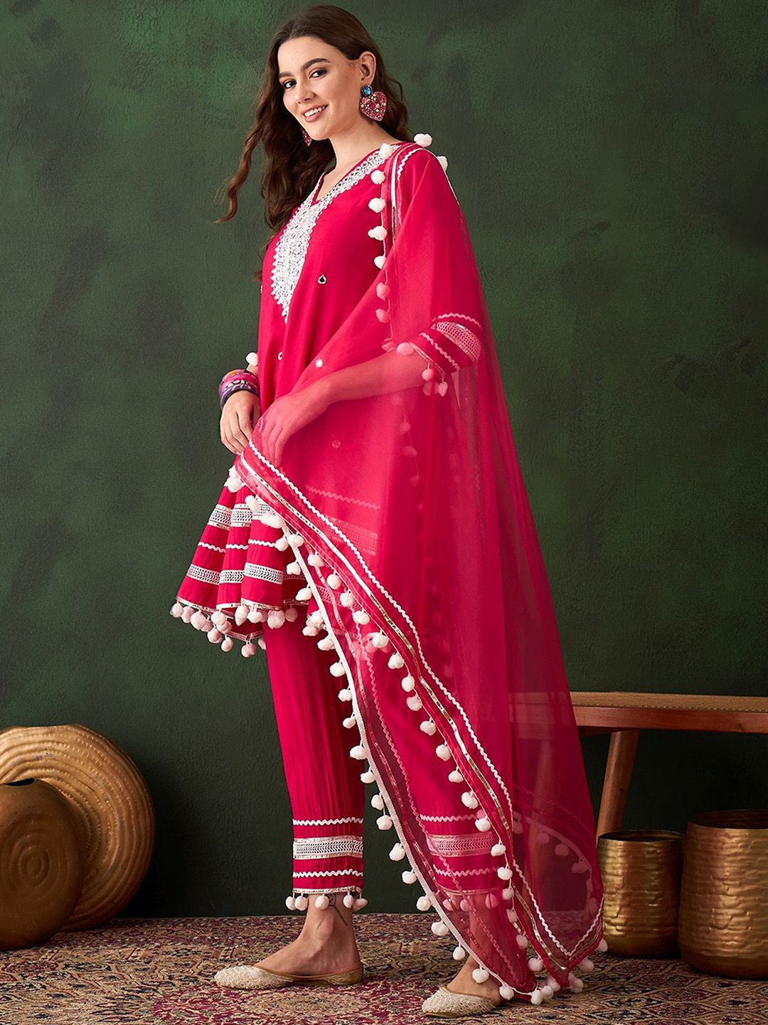 Dhiyona SN Women's Pink Floral Embroidered Mirror Work A-Line Kurta With Trousers & Dupatta
