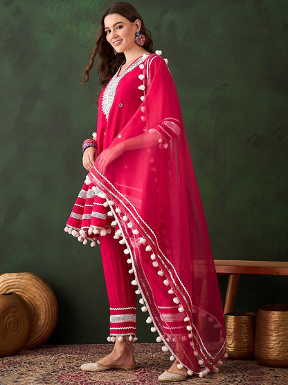 Dhiyona SN Women's Pink Floral Embroidered Mirror Work A-Line Kurta With Trousers & Dupatta