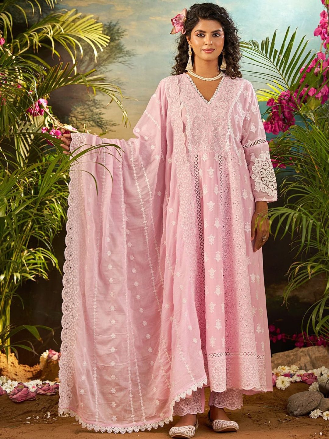 Women Ethnic Motifs Embroidered Cotton A-Line Kurta with Trousers & Dupatta