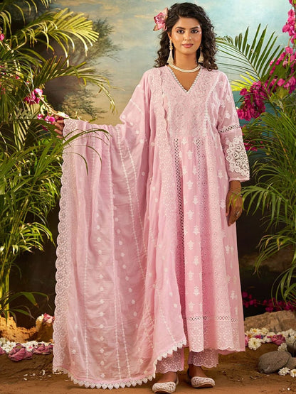 Women Ethnic Motifs Embroidered Cotton A-Line Kurta with Trousers & Dupatta