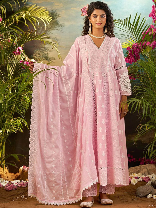 Women Ethnic Motifs Embroidered Cotton A-Line Kurta with Trousers & Dupatta