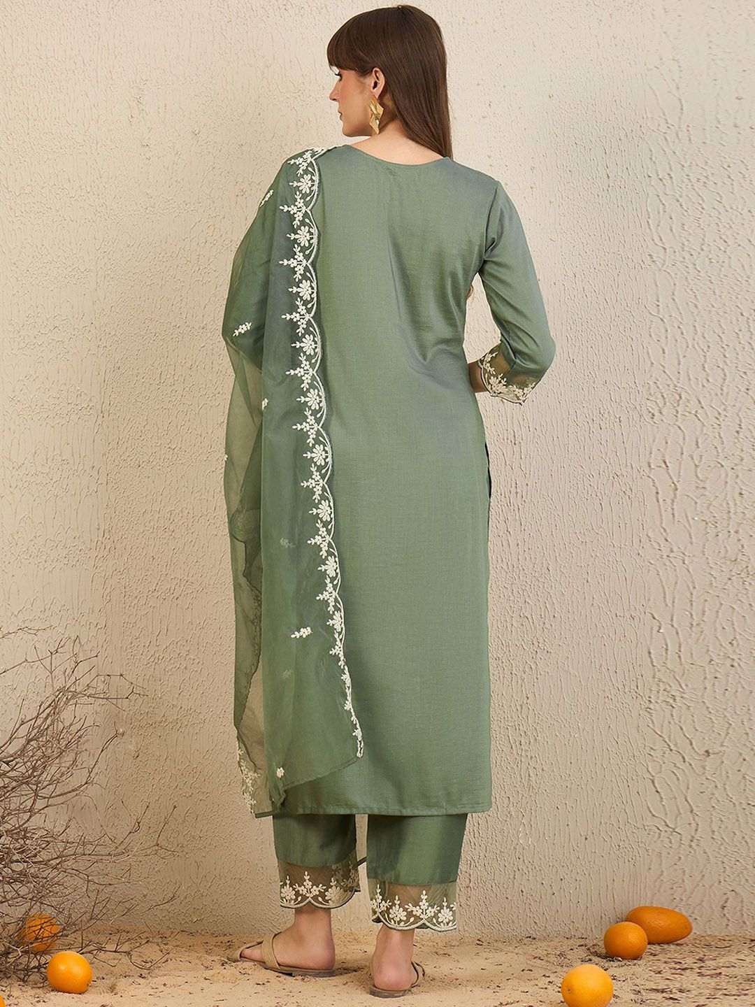 Dhiyona IE Floral Embroidered Straight Kurta With Trousers & Dupatta