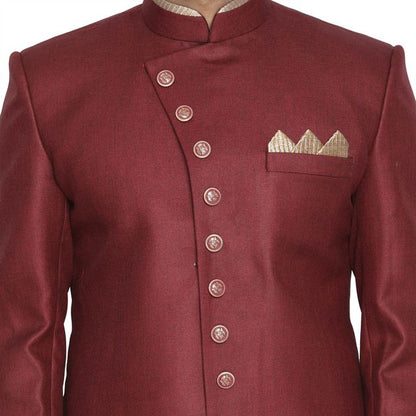 Men's Maroon Polyester Lurex Blend Straight Sherwani Set