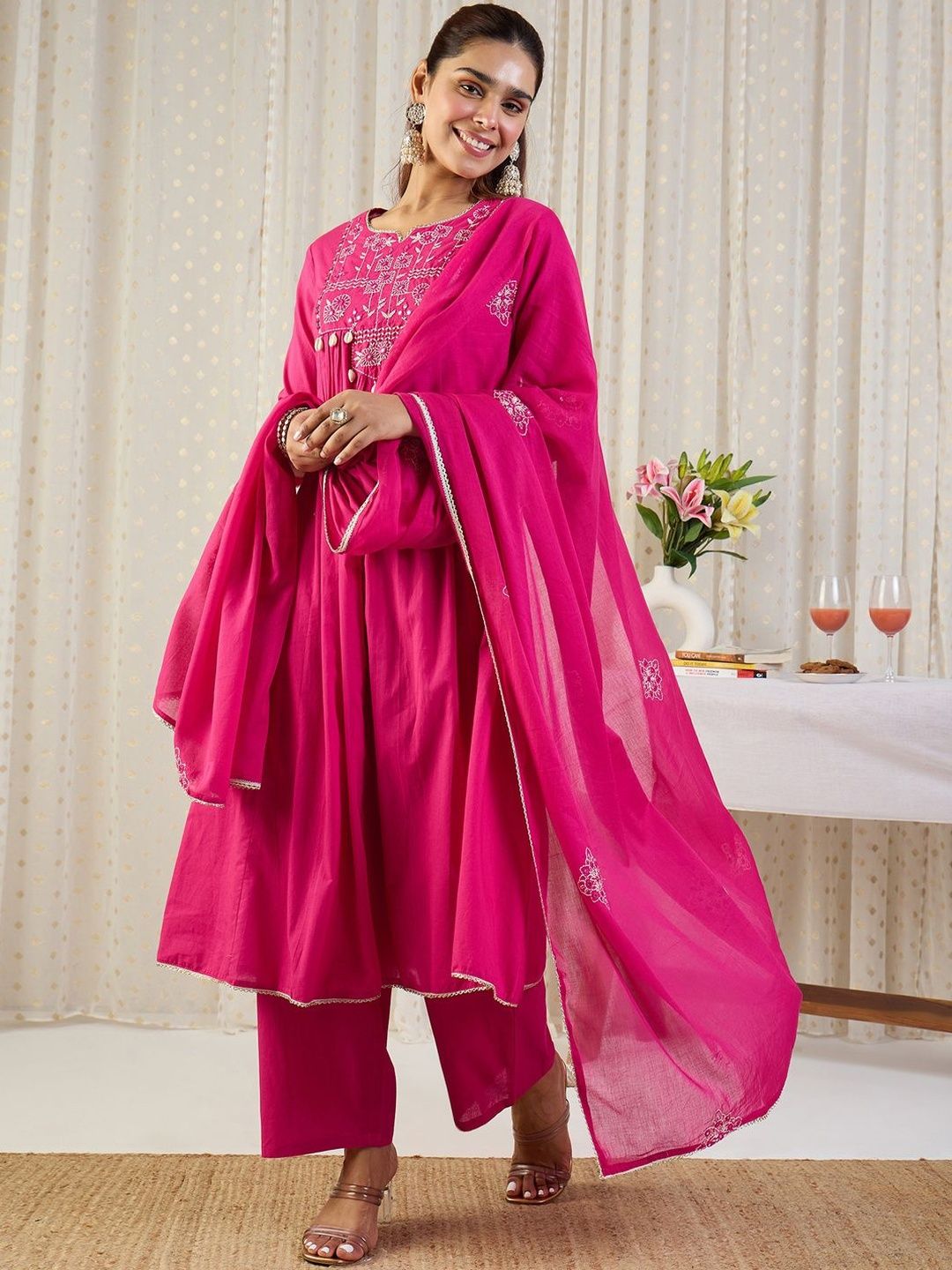 Ethnic Motifs Embroidered Thread Work Pure Cotton Kurta With Trousers & Dupatta