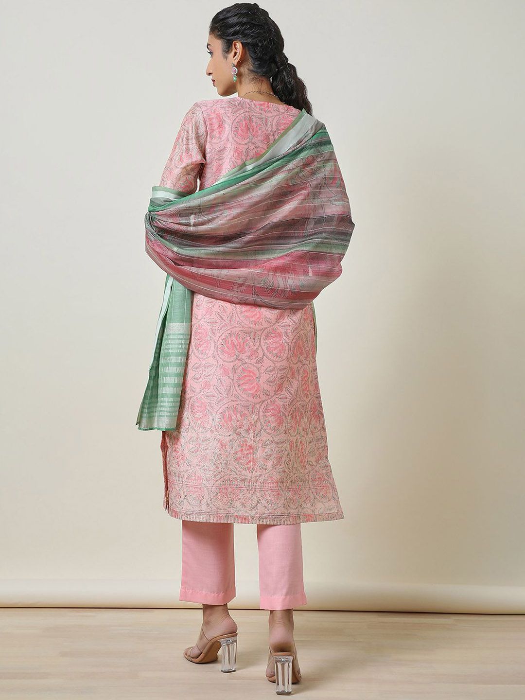 Dhiyona SO Women's Pink Ethnic Motifs Printed Thread Work Chanderi Silk Kurta With Trousers & Dupatta