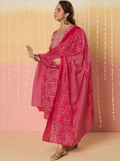 Women Ethnic Motifs Printed Regular Thread Work Pure Cotton Kurta with Trousers & With Dupatta