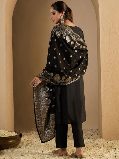 Floral Woven Design Straight Kurta With Trousers & Dupatta