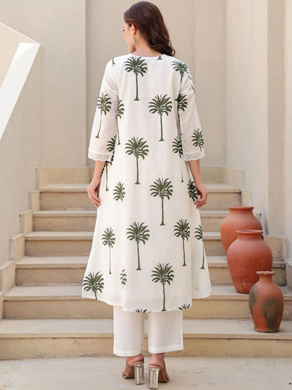 Women Ethnic Motifs Printed Regular Thread Work Pure Cotton Kurta with Trousers