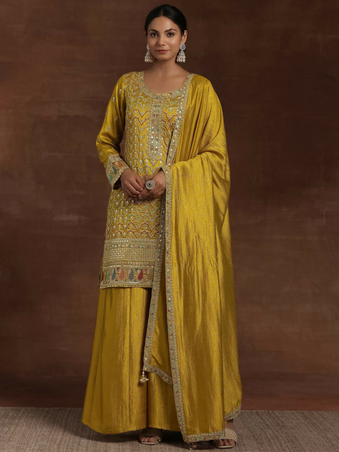 Women's LB Adaa Mustard Embroidered Silk Blend Straight Kurta With Palazzos & Dupatta