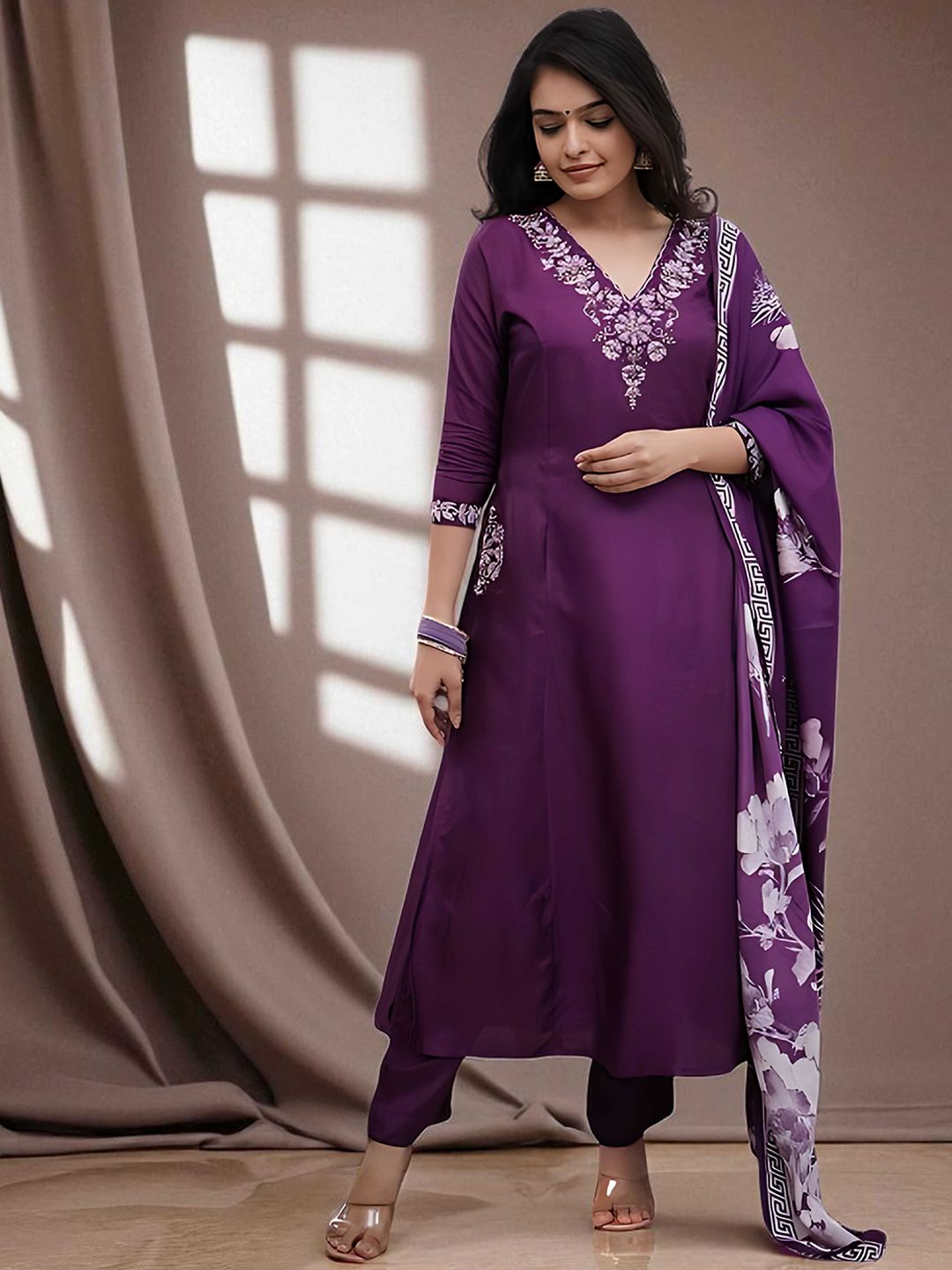 Dhiyona SN Women's Floral Embroidered Pure Cotton A-Line Kurta with Churidar & Dupatta