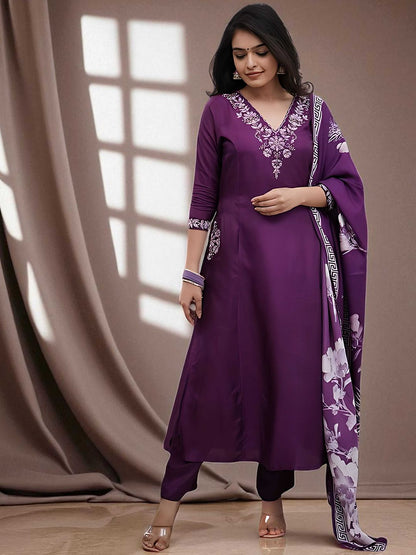 Dhiyona SN Women's Floral Embroidered Pure Cotton A-Line Kurta with Churidar & Dupatta