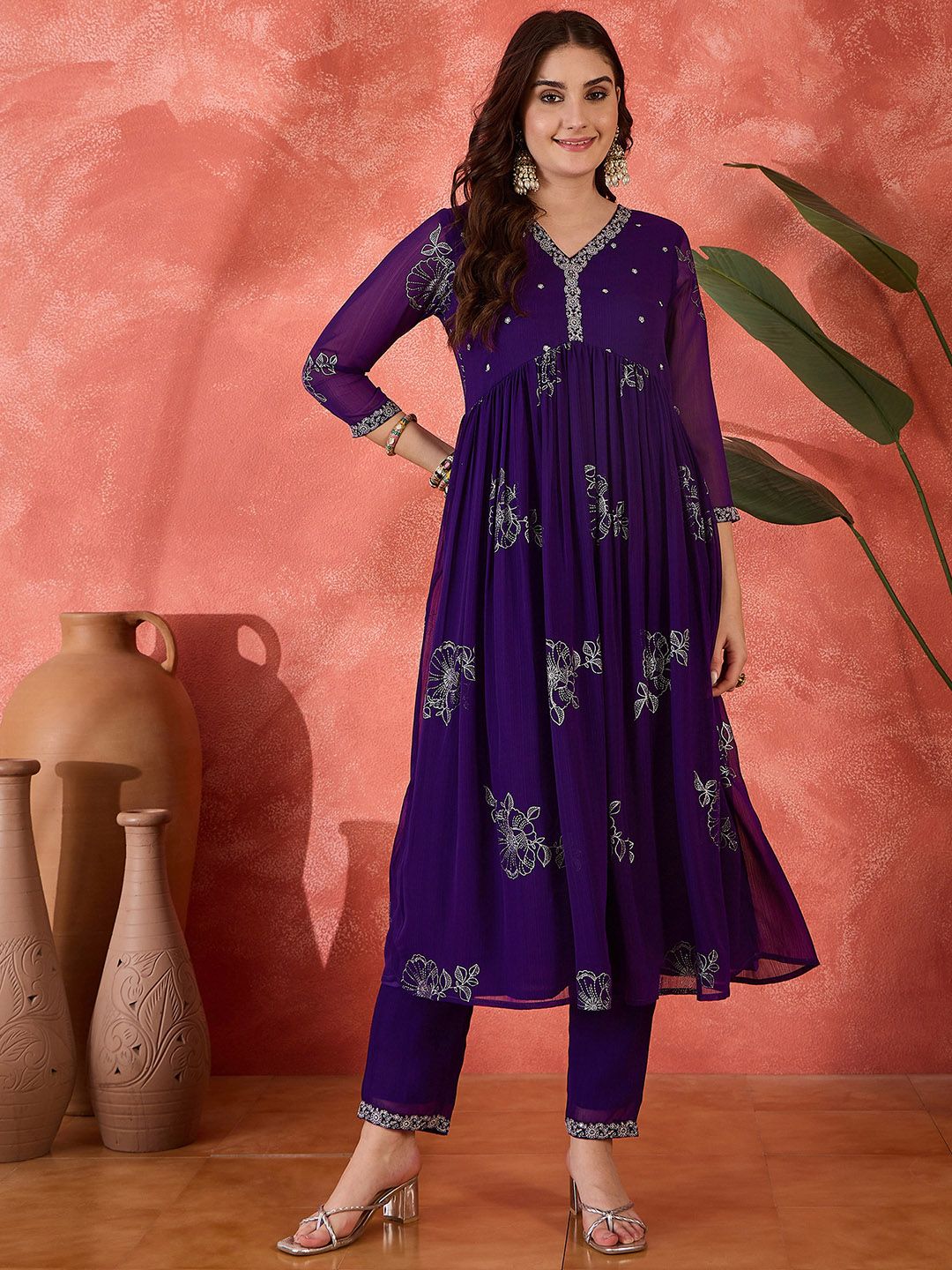 Dhiyona SN Women's Embroidered V-Neck Anarkali Georgette Kurta & Trousers