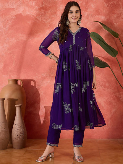 Dhiyona SN Women's Embroidered V-Neck Anarkali Georgette Kurta & Trousers