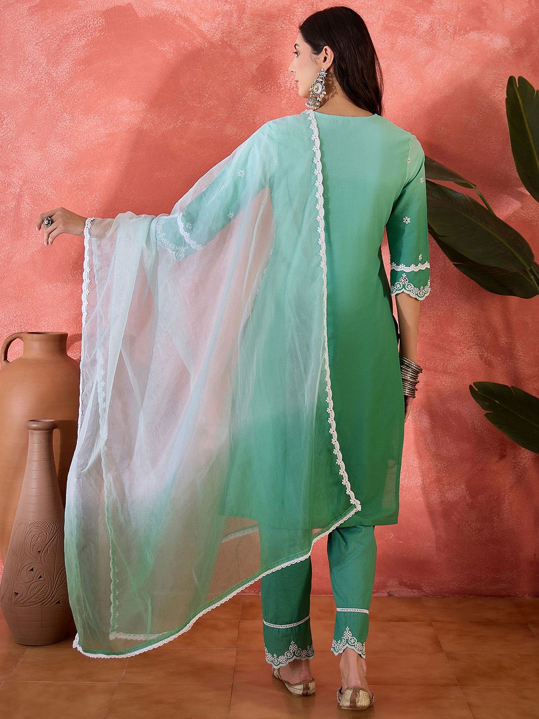 Dhiyona SN Women's Floral Embroidered Cotton Kurta with Trousers & Dupatta