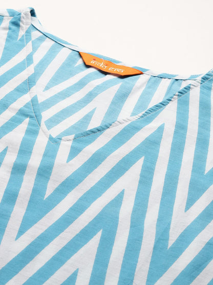 Dhiyona IE Printed Pure Cotton V Neck Top With Trousers Co-Ords