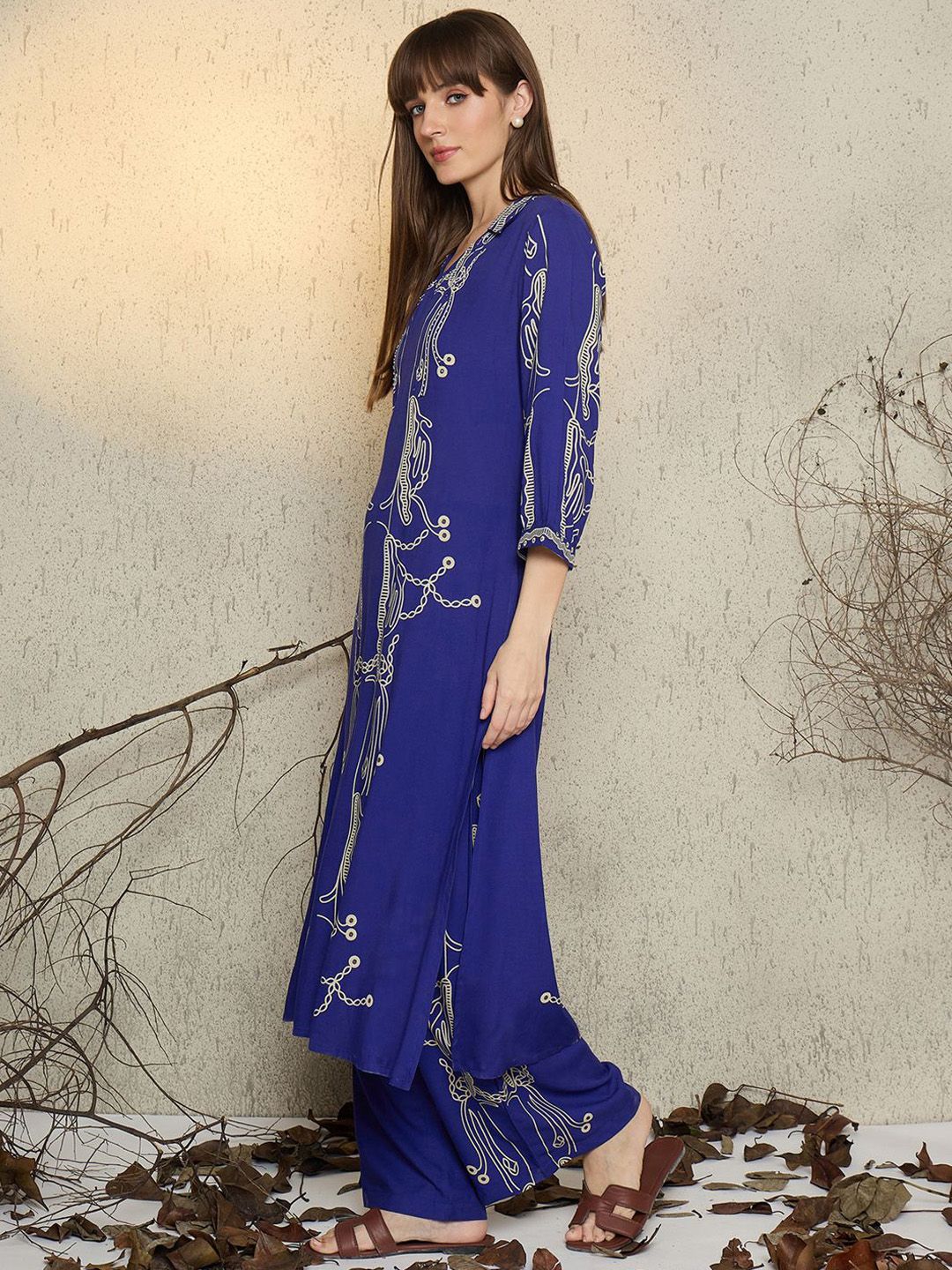 Dhiyona IE Women Printed Shirt Collar Top and Trousers Co-Ords