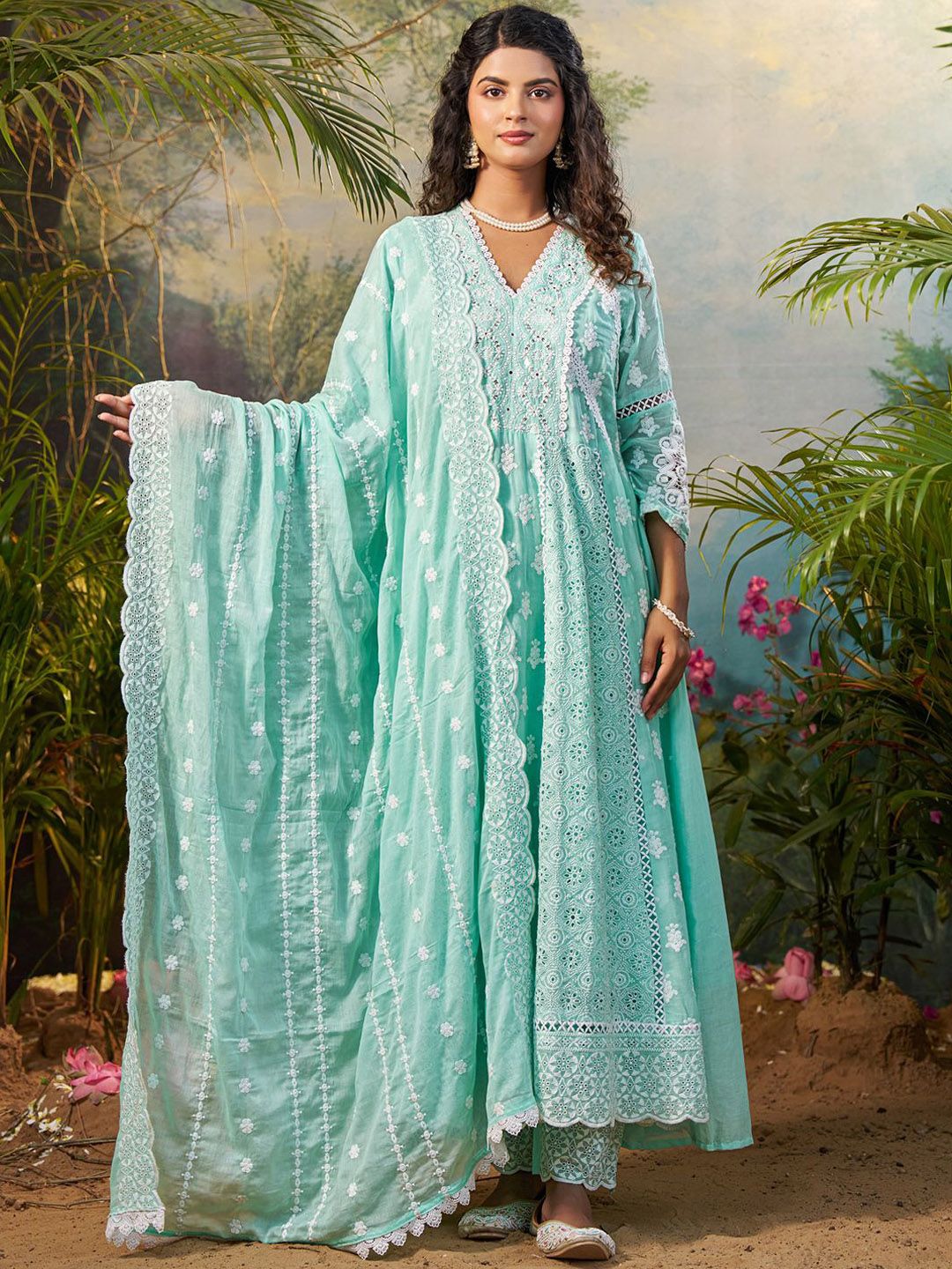 Women Floral Embroidered Cotton Kurta with Trousers & Dupatta