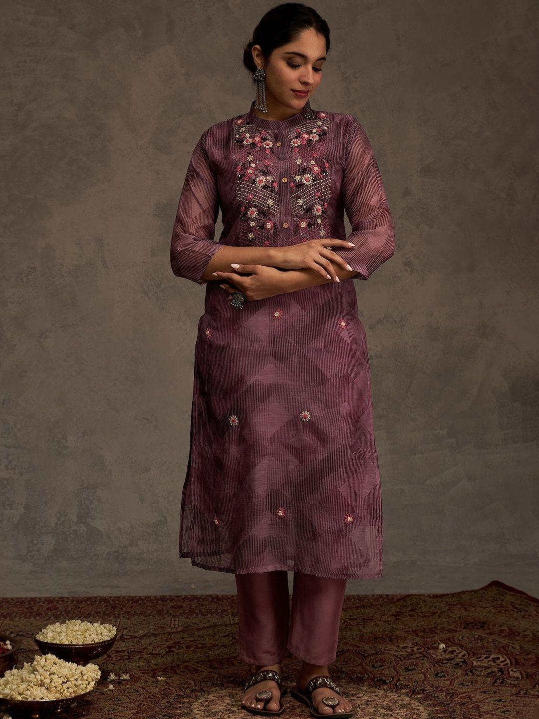 Floral Embroidered Thread Work Chanderi Cotton Kurta with Trousers & Dupatta