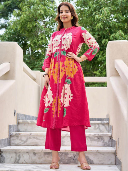 Floral Printed Mandarin Collar Pleated Pure Cotton A-Line Kurta With Trousers