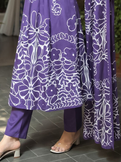 Floral Printed Pure Cotton A Line Kurta With Trousers & Dupatta