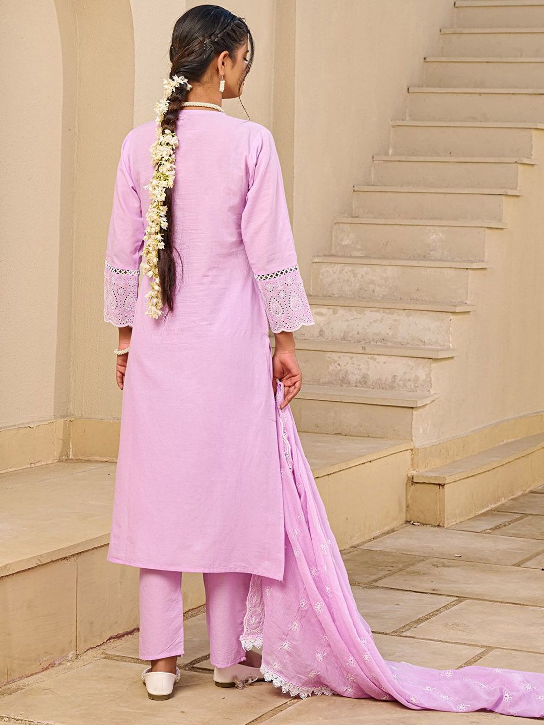 Floral Embroidered V-Neck Thread Work Pure Cotton Kurta With Trousers & Dupatta