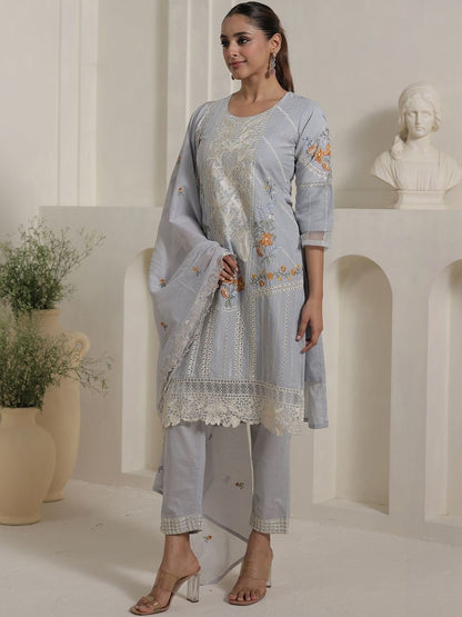 Women Floral Embroidered Regular Thread Work Pure Cotton Kurta with Trousers & With Dupatta