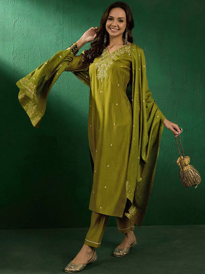 Dhiyona SN Women's Floral Embroidered Straight Kurta with Trousers & Dupatta