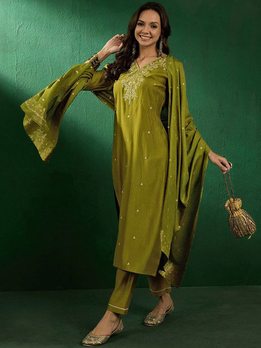 Dhiyona SN Women's Floral Embroidered Straight Kurta with Trousers & Dupatta