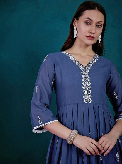 Dhiyona SN Women's Floral Embroidered V Neck Sequinned Pure Cotton Anarkali Kurta & Trousers