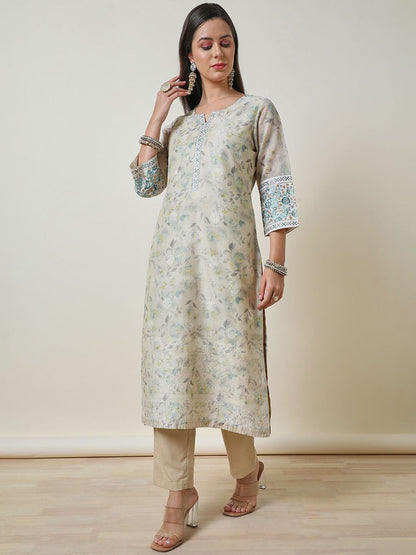 Dhiyona SO Women's Women Ethnic Motifs Printed Regular Thread Work Chanderi Cotton Kurta with Trousers & With Dupatta