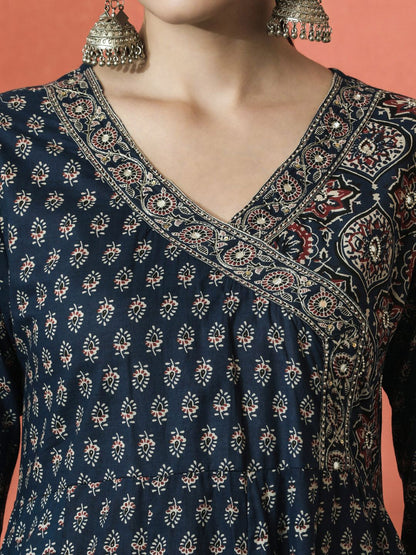 Dhiyona SN Women's Floral Printed Pure Cotton V-Neck Angrakha Kurta With Trousers And Dupatta