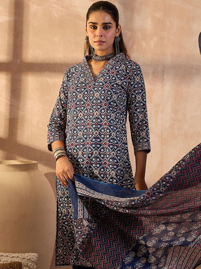 Women Ethnic Motifs Printed Cotton Kurta with Trousers & Dupatta
