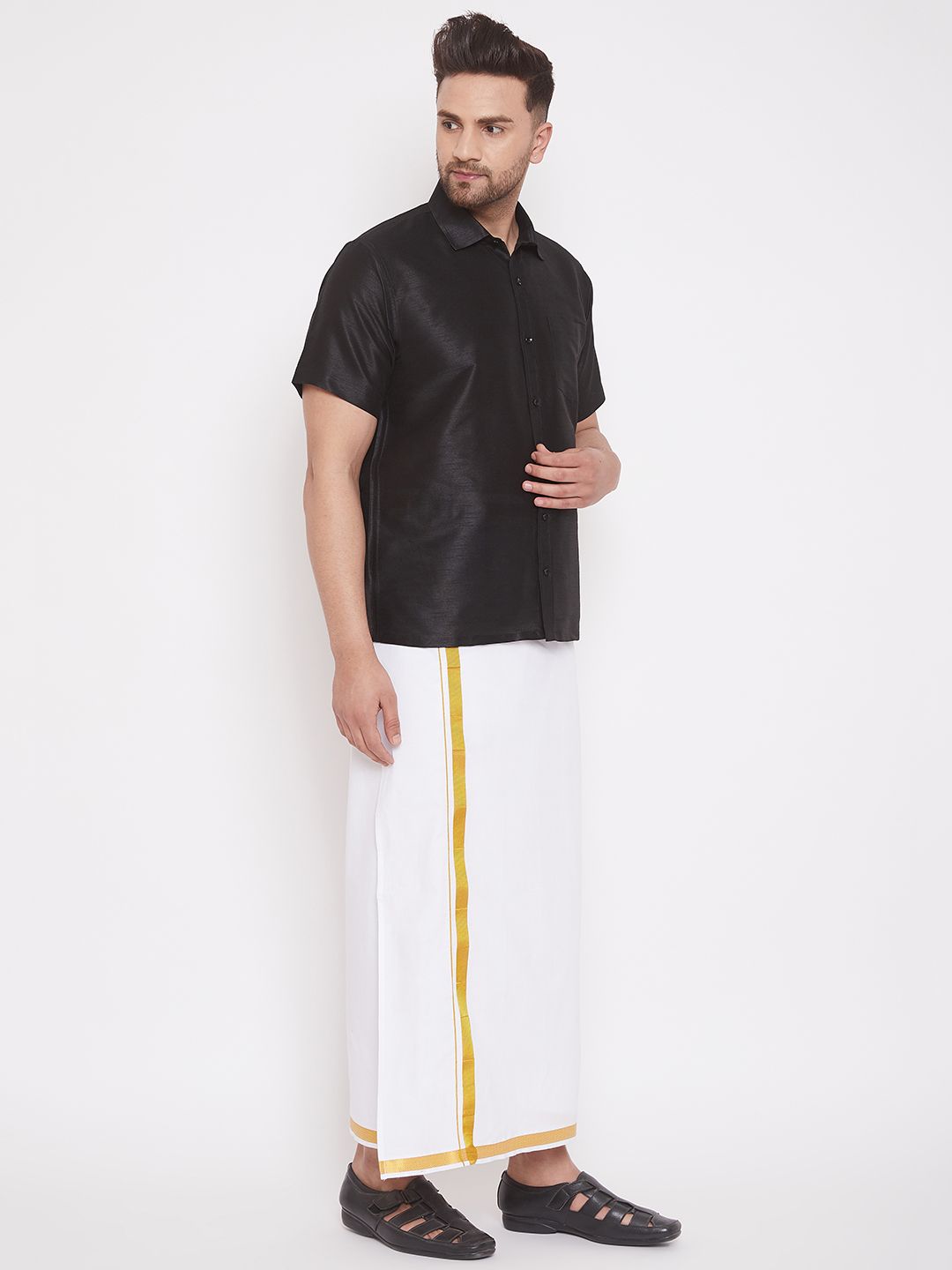Men's Black Silk Blend Straight Shirt And Mundu