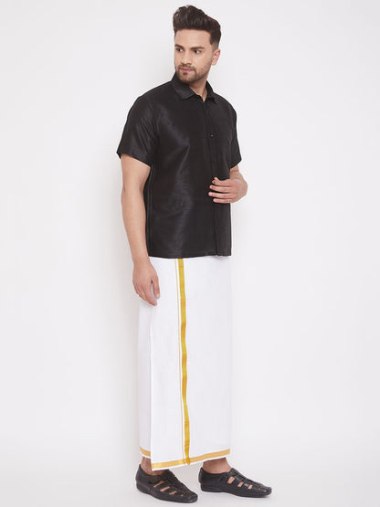 Men's Black Silk Blend Straight Shirt And Mundu
