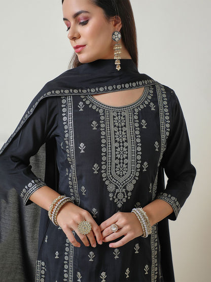 Dhiyona SO Women's Women Floral Embroidered Regular Sequinned Kurta with Trousers & With Dupatta