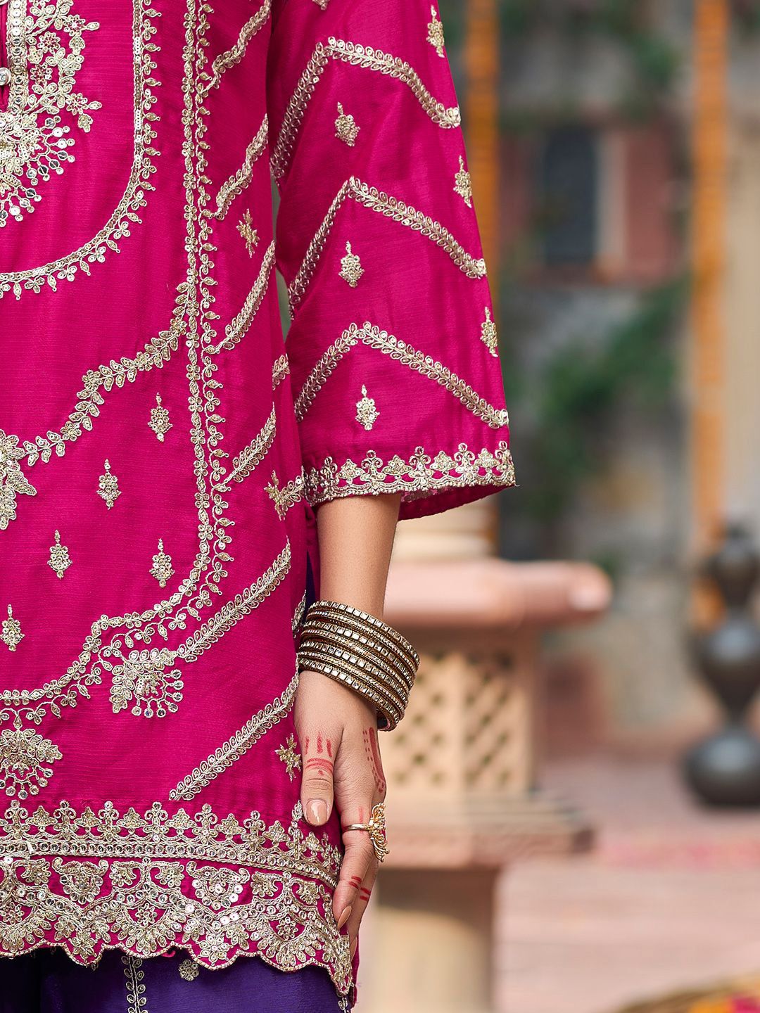 Floral Embroidered Sequinned Chinon Straight Kurta With Palazzos & Dupatta