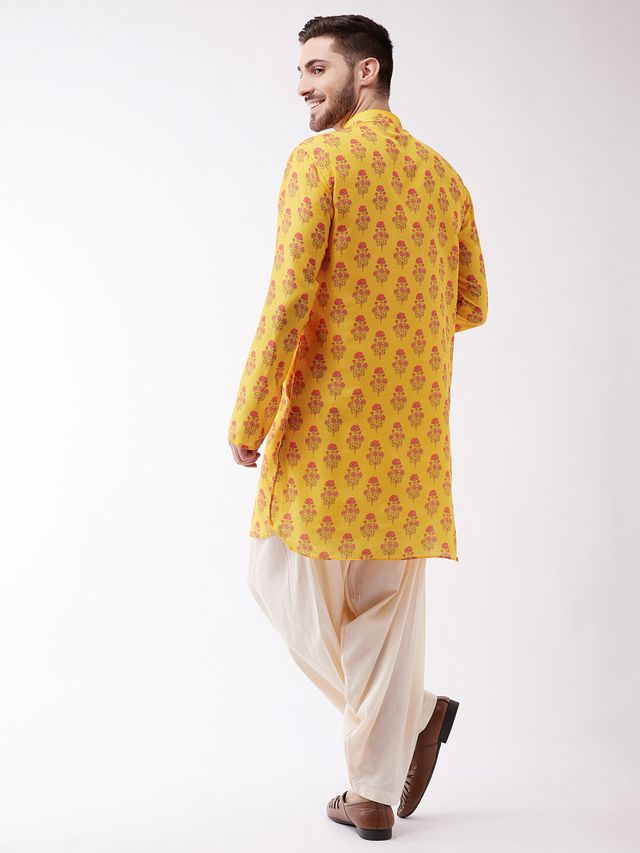 Men's MulticolorBaseMustard Muslin Pathani Kurta and Patiala Set
