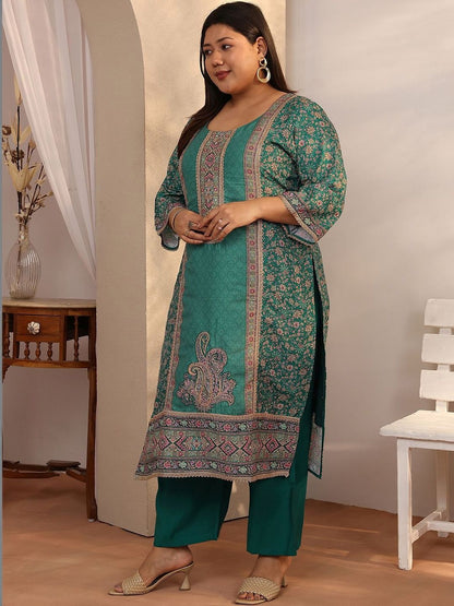 Dhiyona Women's Plus Size Ethnic Motifs Printed Kurta with Trousers & Dupatta