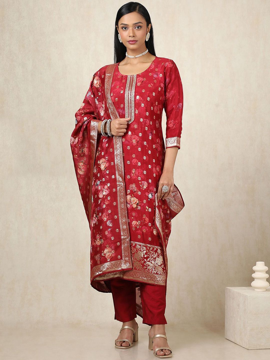 Dhiyona SO Women's Floral Woven Design Zari Work Brocade Kurta With Trousers & Dupatta
