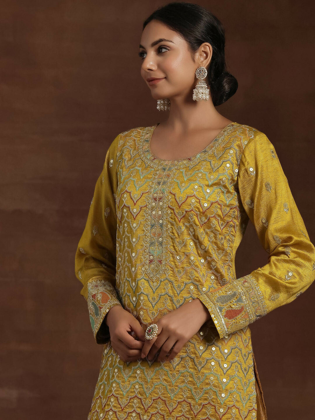 Women's LB Adaa Mustard Embroidered Silk Blend Straight Kurta With Palazzos & Dupatta